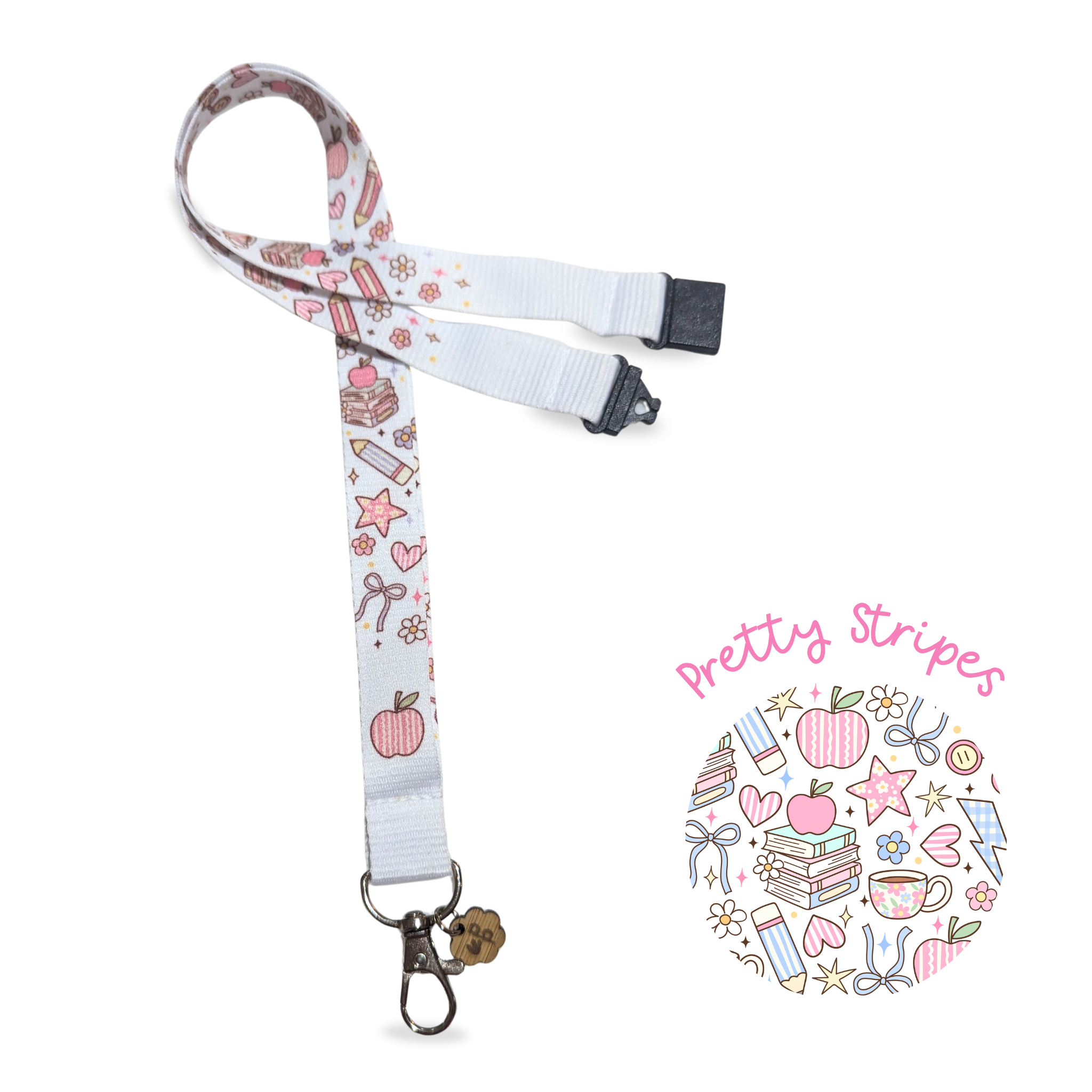 White teacher lanyard with colorful stationery designs on a white background