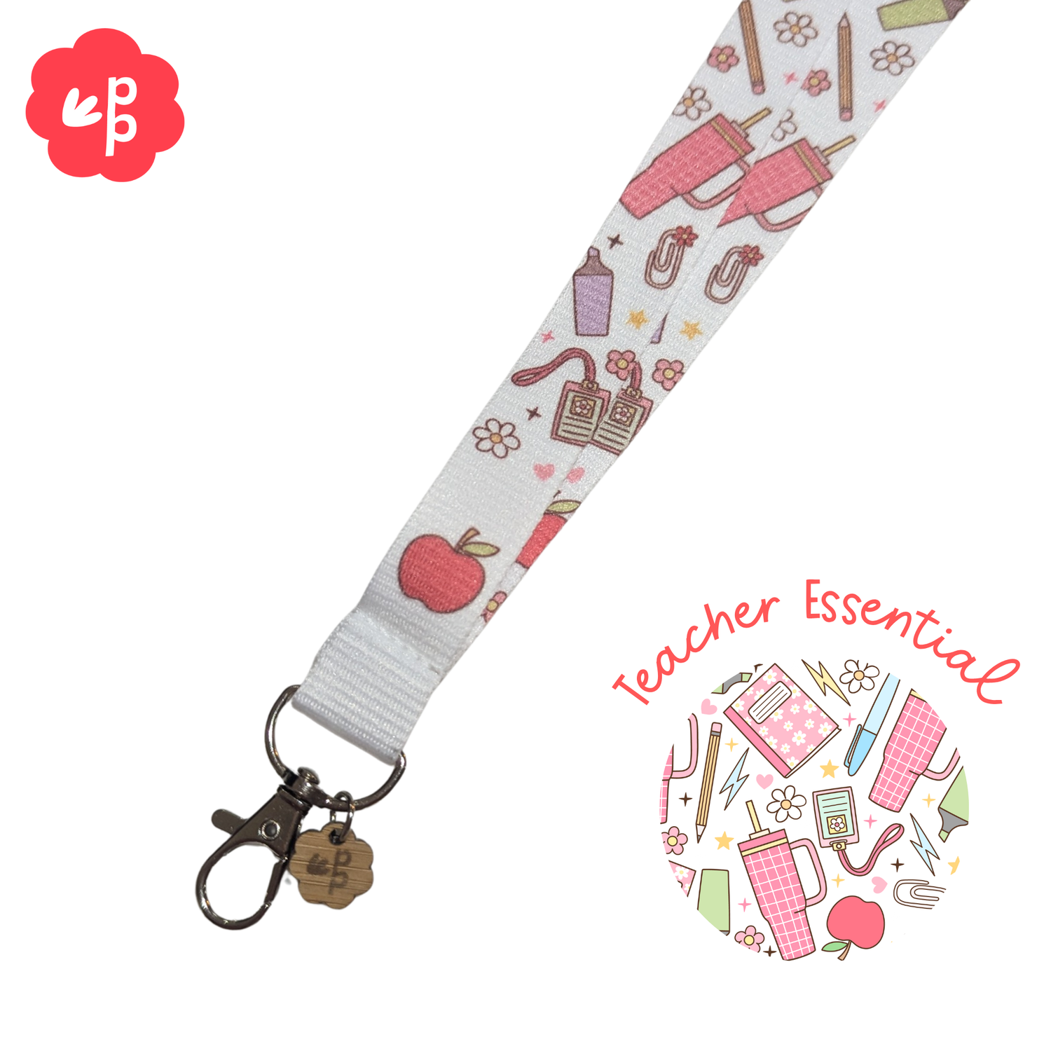 Lanyard with teacher-themed design and &