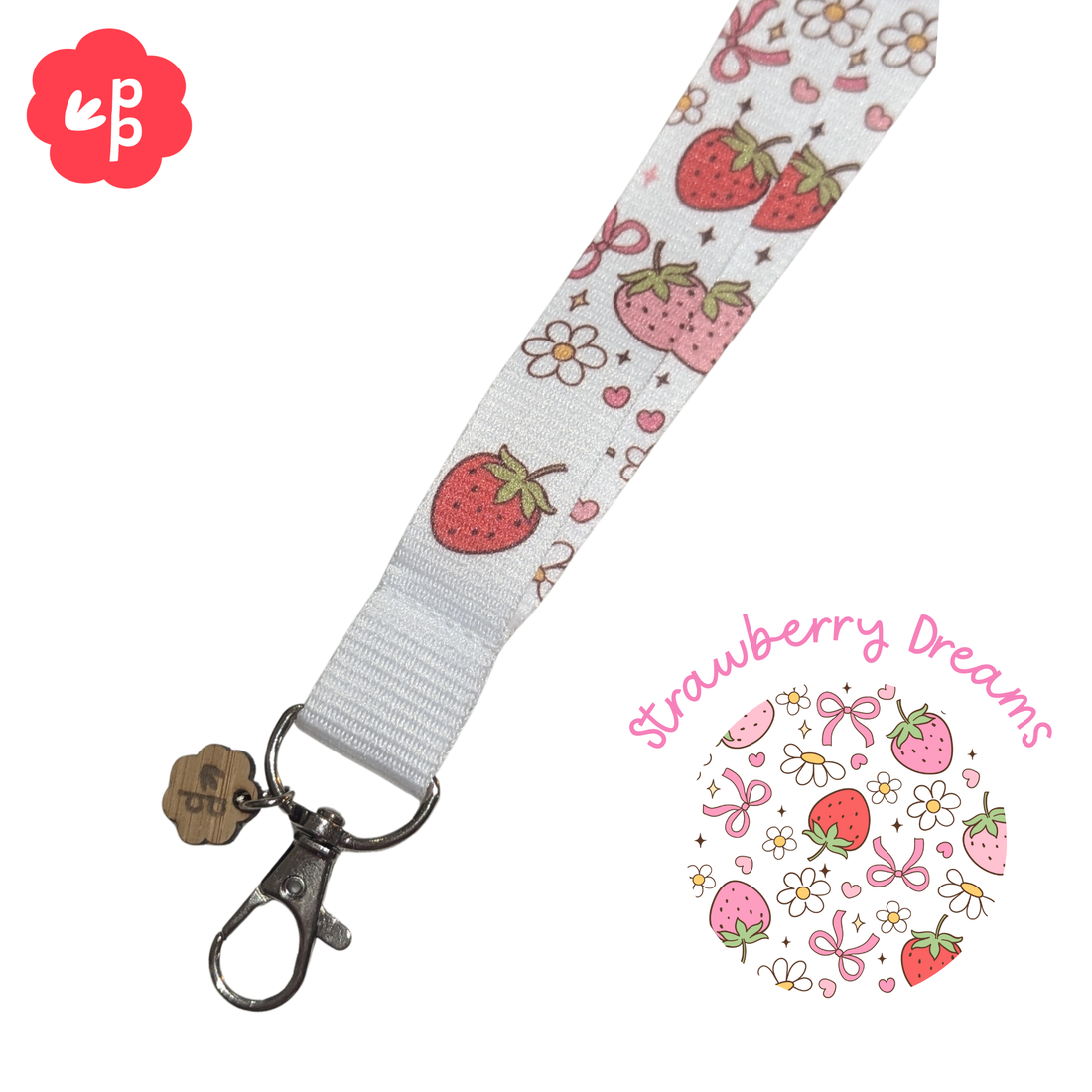 teacher lanyard with strawberry pattern and &