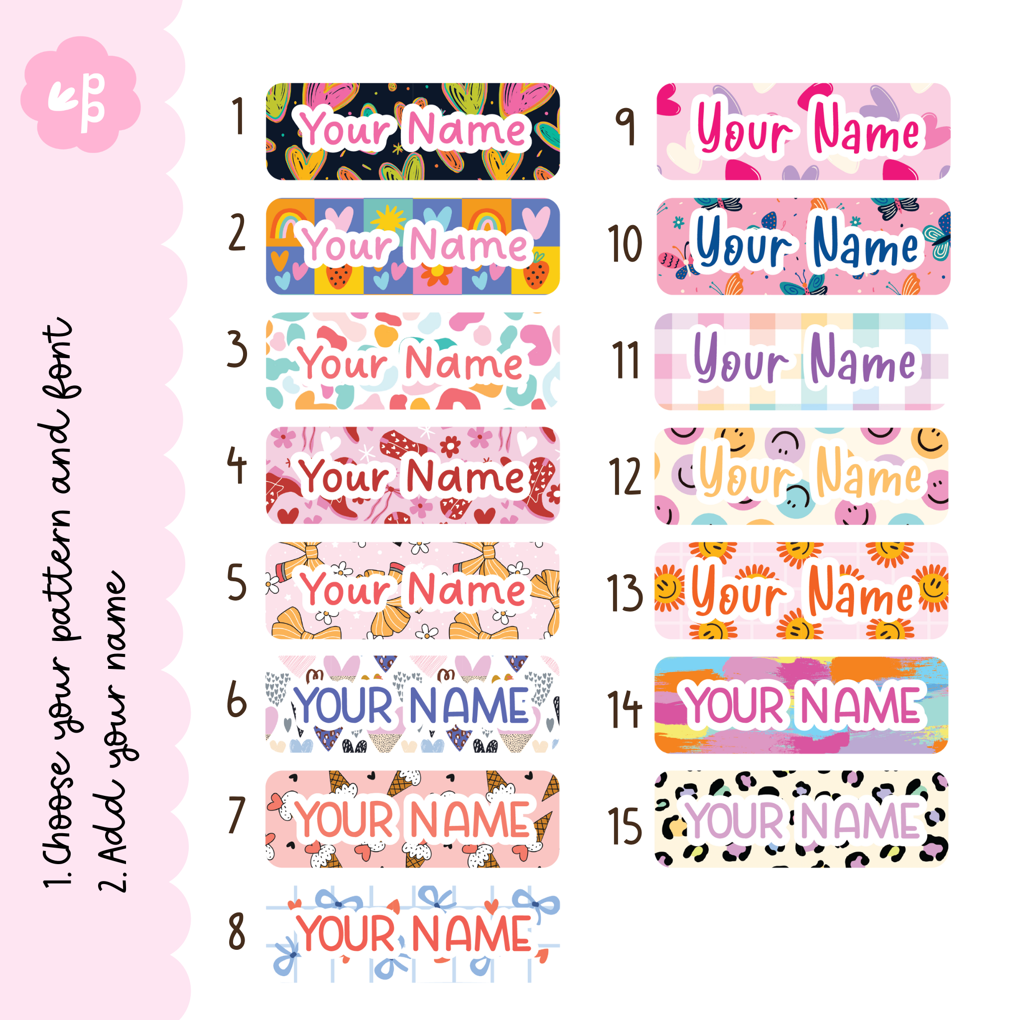 Teacher name badge pattern chart showing 15 colourful options including hearts, rainbows, smiley faces and leopard print – customise with your name and font choice