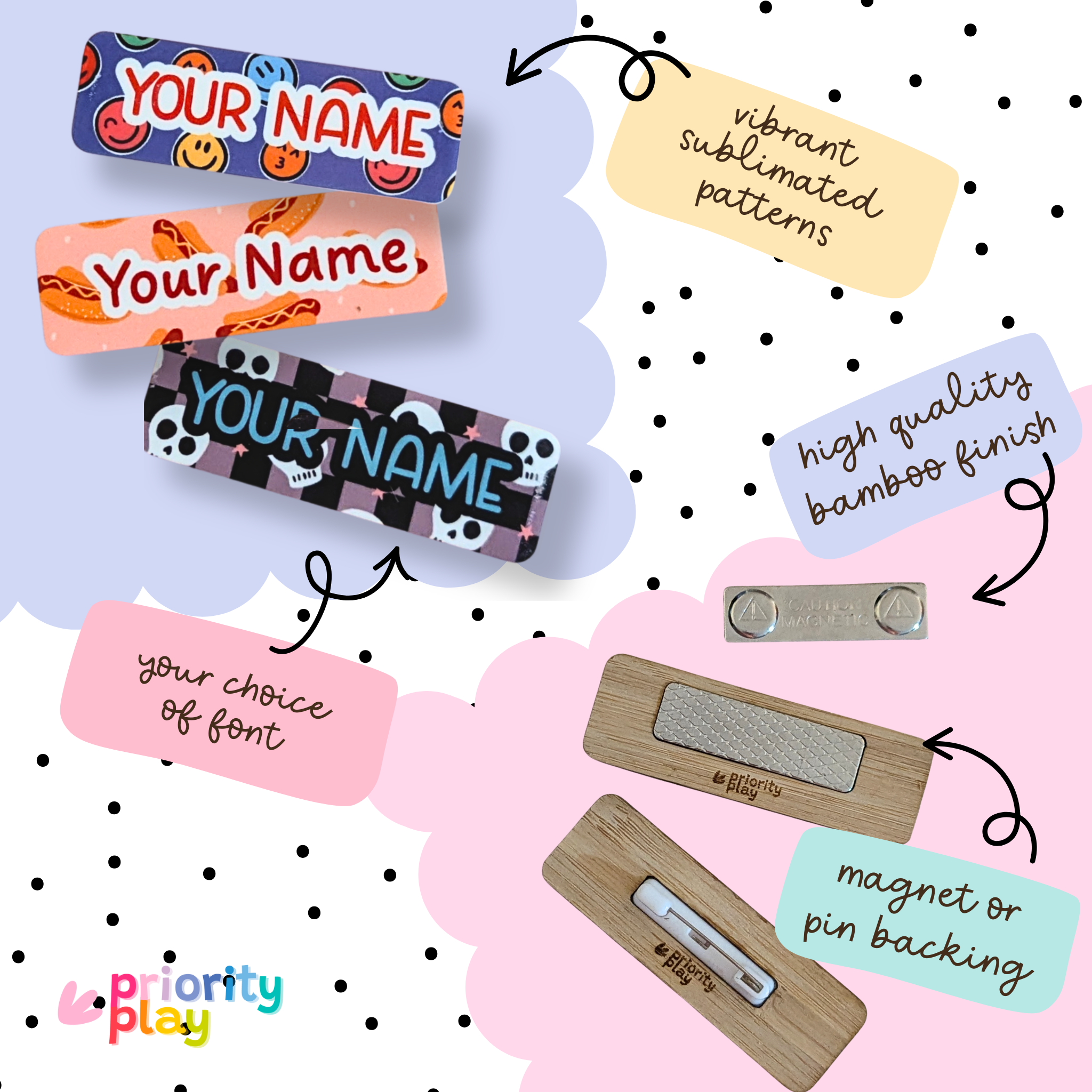 Teacher and educator name badge design chart showing 15 colorful pattern options and custom font styles, magnetic backing by Priority Play.
