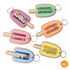 Personalised teacher name keychains in popsicle shape with pastel acrylic colours and bamboo backing, featuring custom names in gold lettering