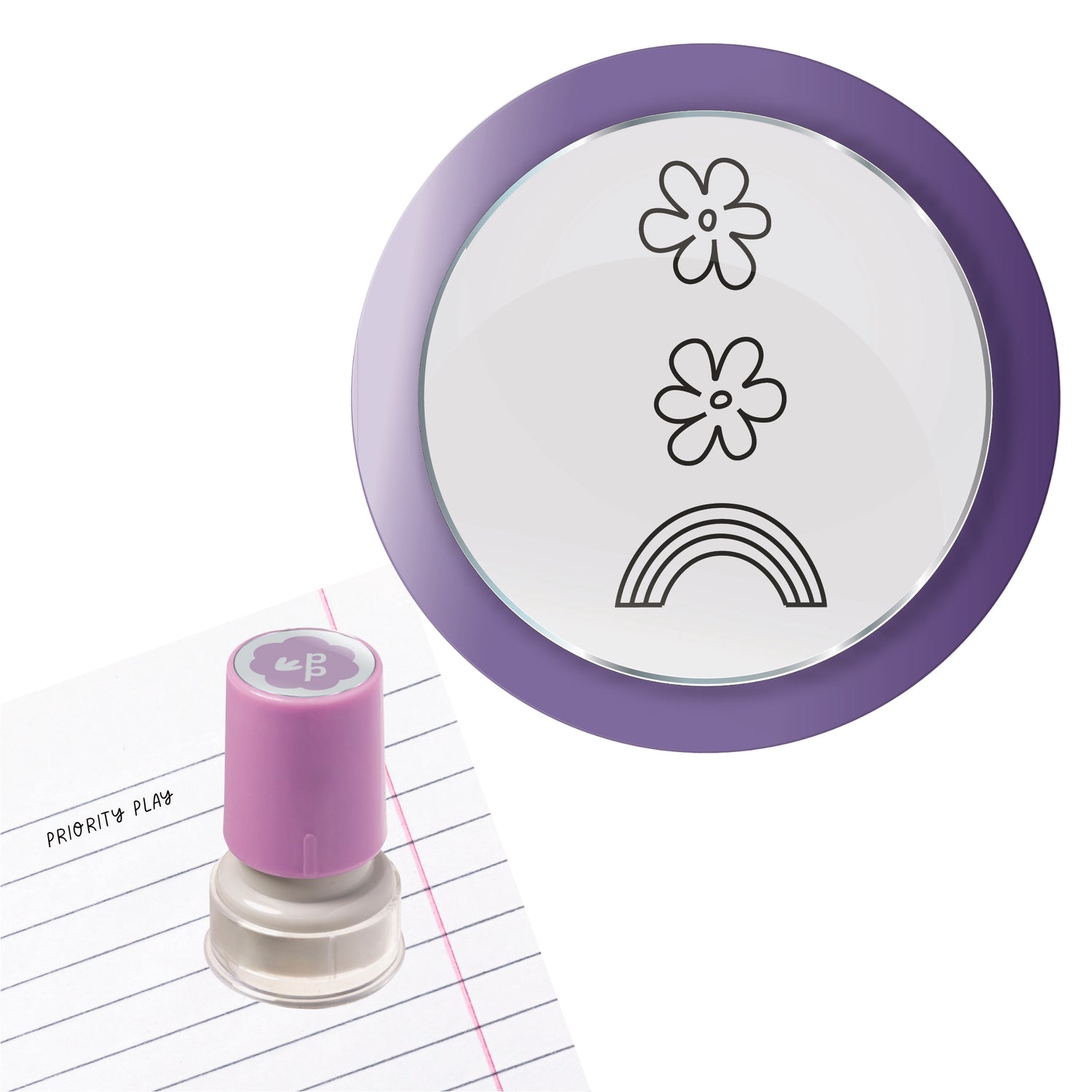 Reflection teacher stamp featuring two smiling flowers and a rainbow, prompting students to list two positives and one area to improve.

