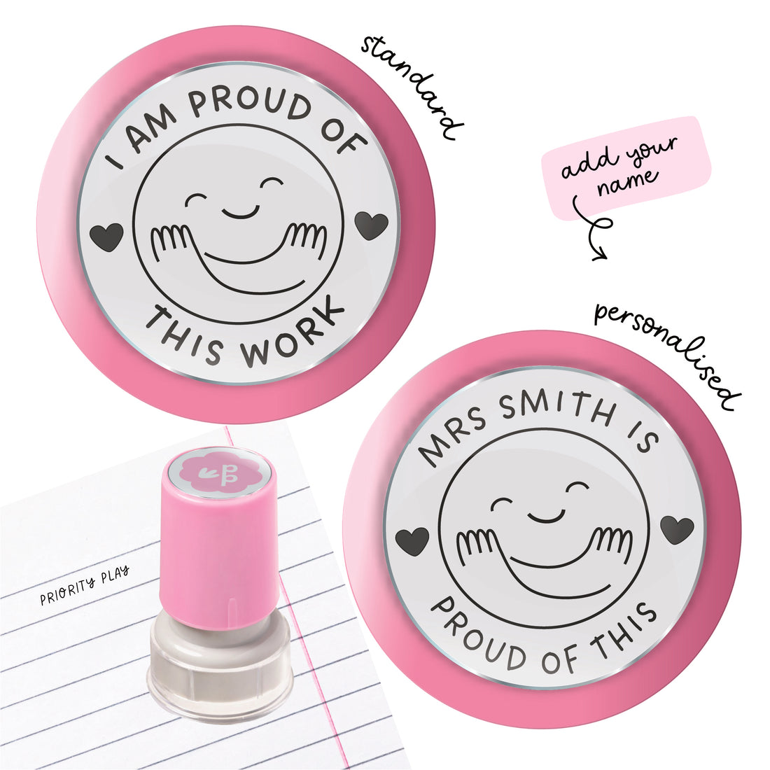 Positive teacher feedback stamp showing smiling face with hearts and the words I am proud of this work.
