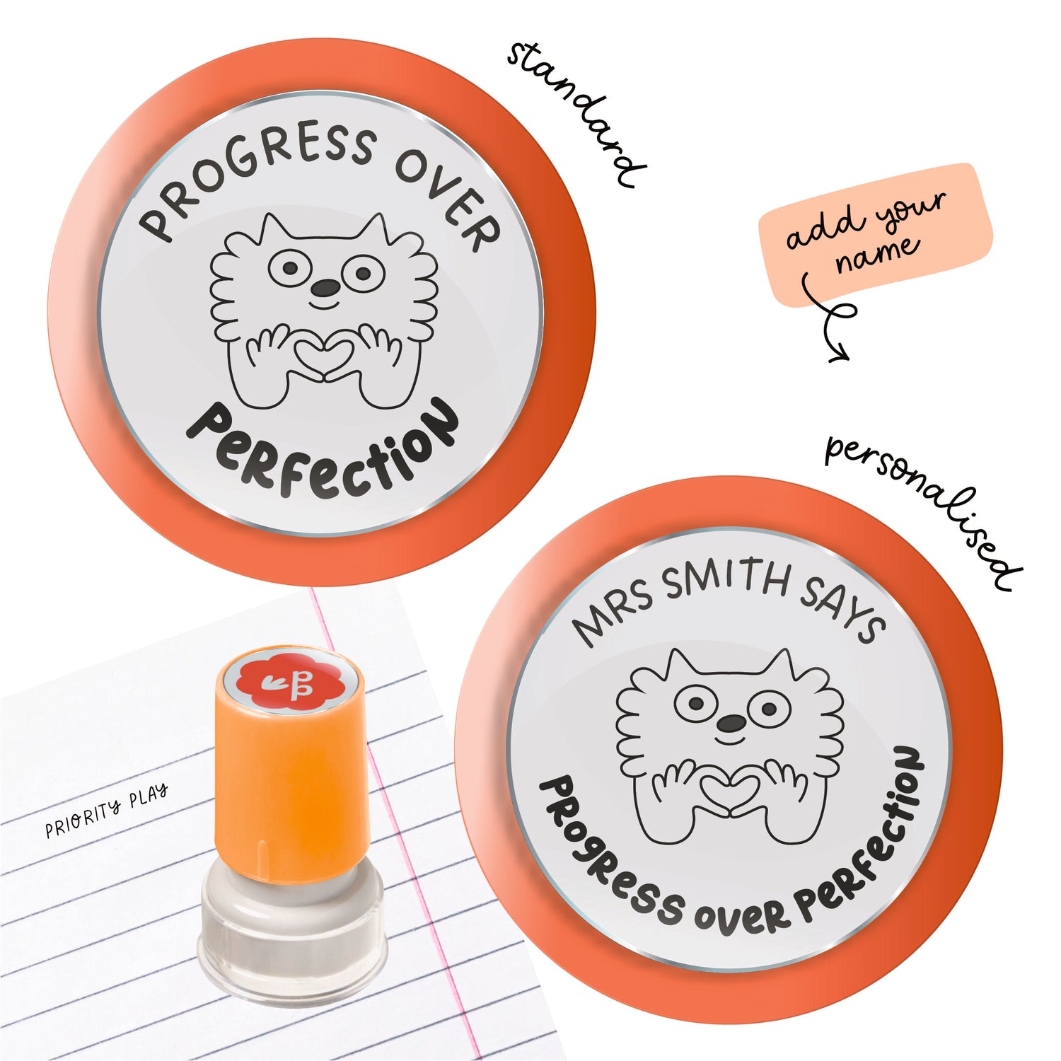 Growth mindset teacher stamp with fluffy character making a heart shape and the phrase progress over perfection.
