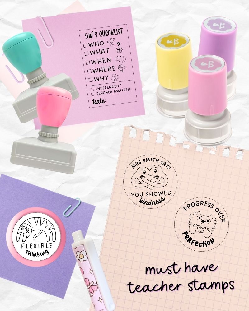 Collection of teacher stamps and related items on a white background