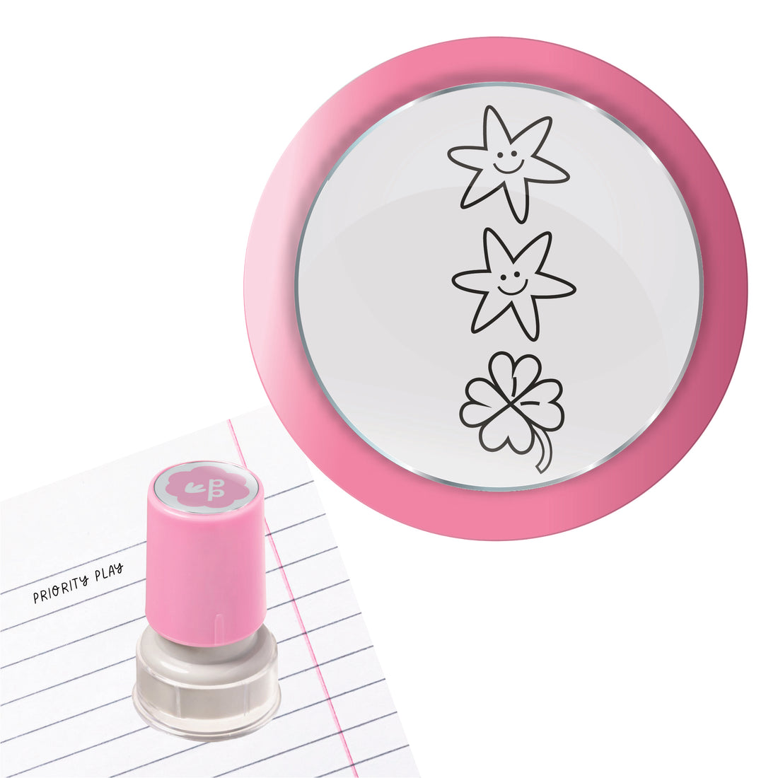 Simple classroom reward stamp featuring two smiling stars and a lucky clover.
