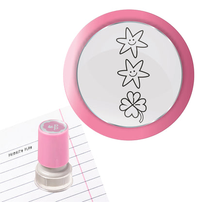 Simple classroom reward stamp featuring two smiling stars and a lucky clover.
