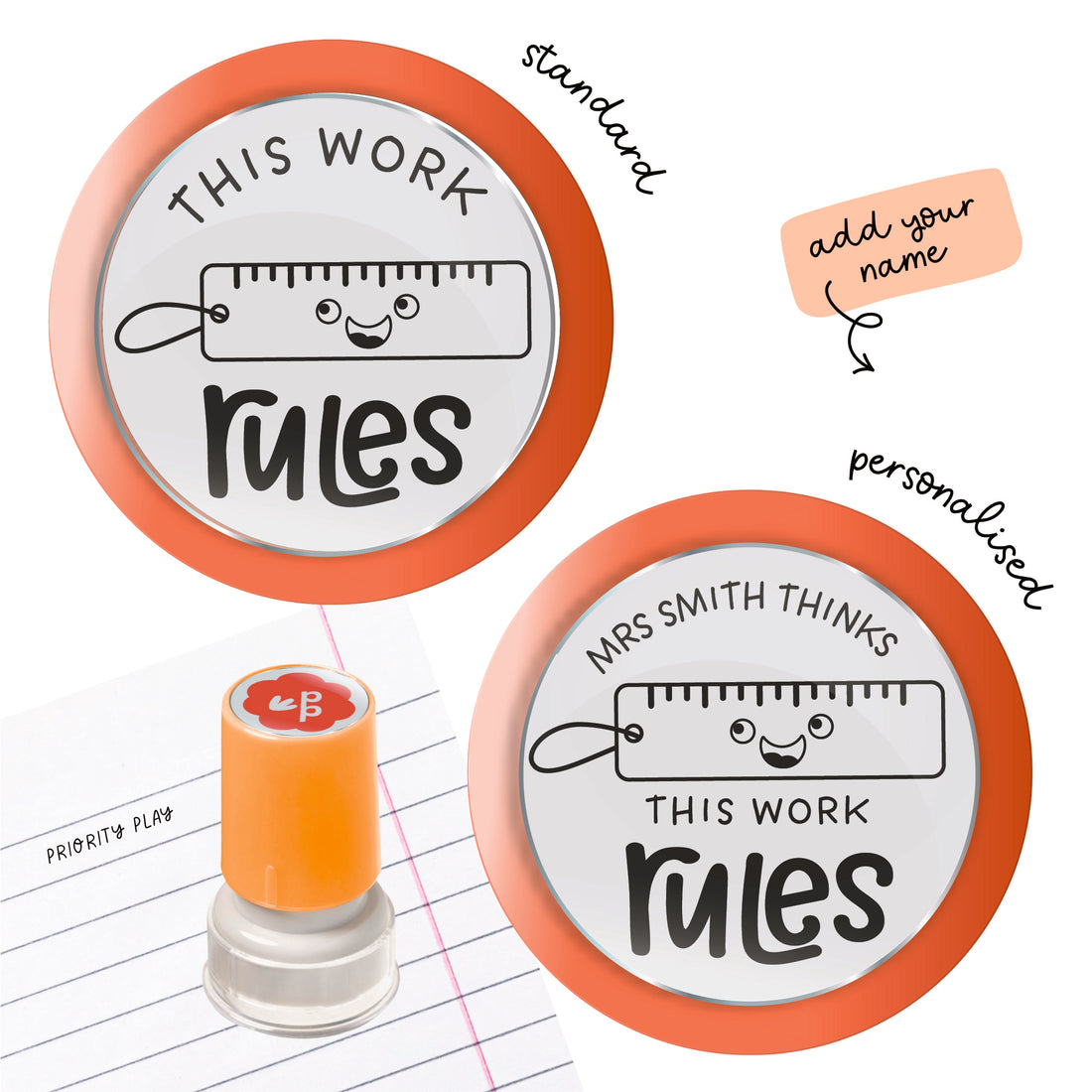 Teacher stamp featuring a cute ruler character and the message ‘This work rules!’