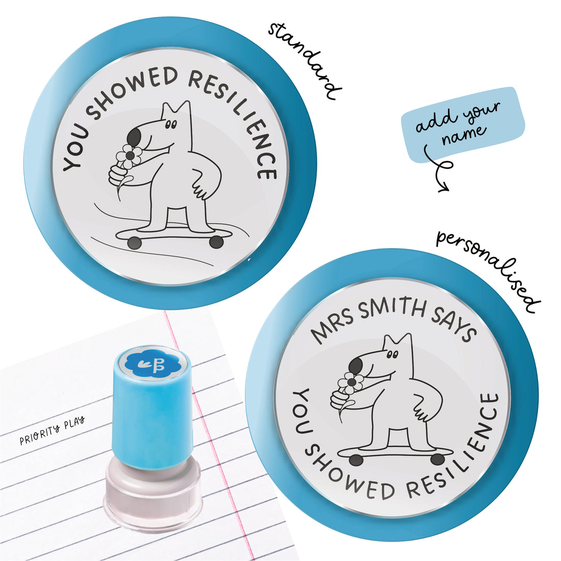 Encouraging teacher stamp featuring a character on a skateboard with the words you showed resilience.
