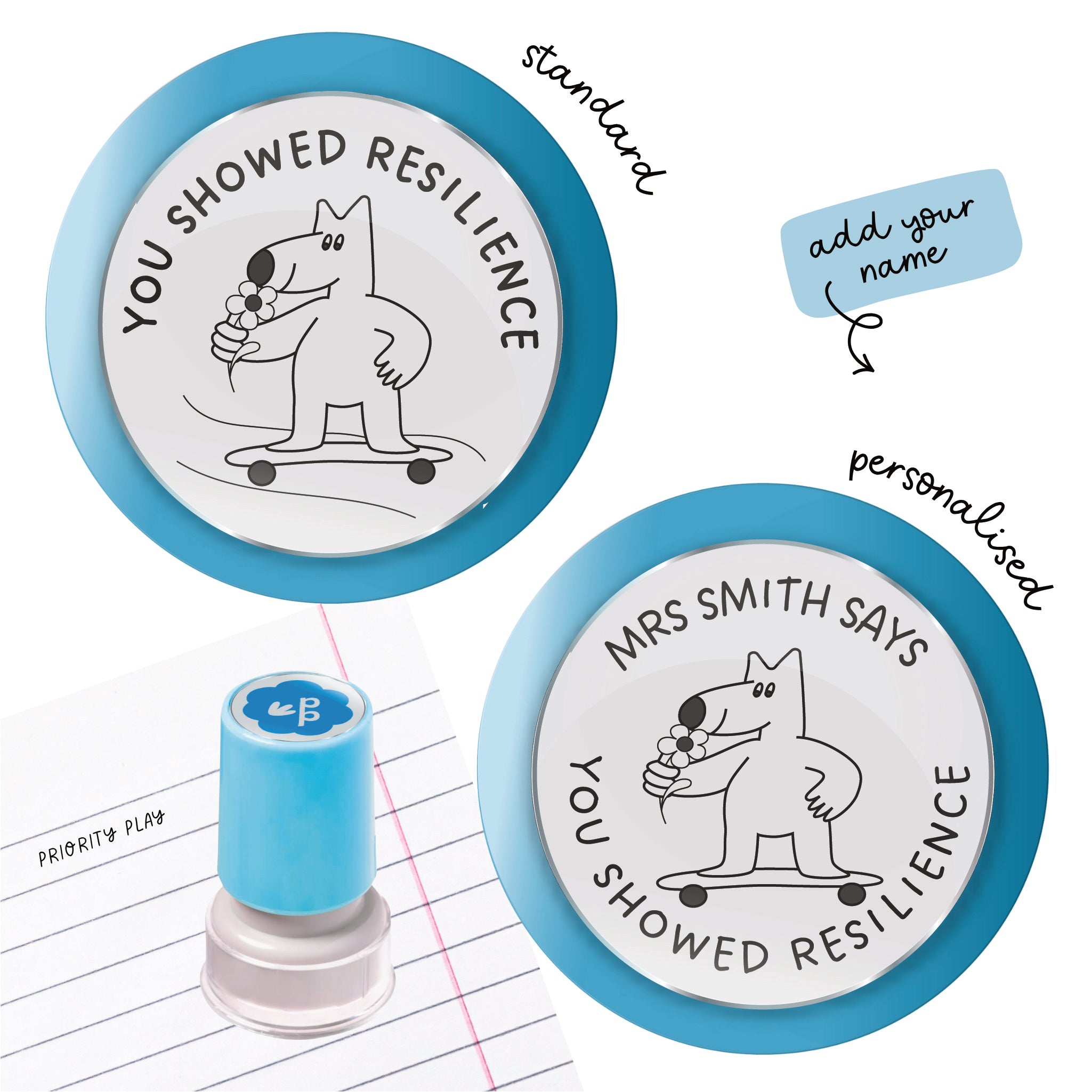 Encouraging teacher stamp featuring a character on a skateboard with the words you showed resilience.
