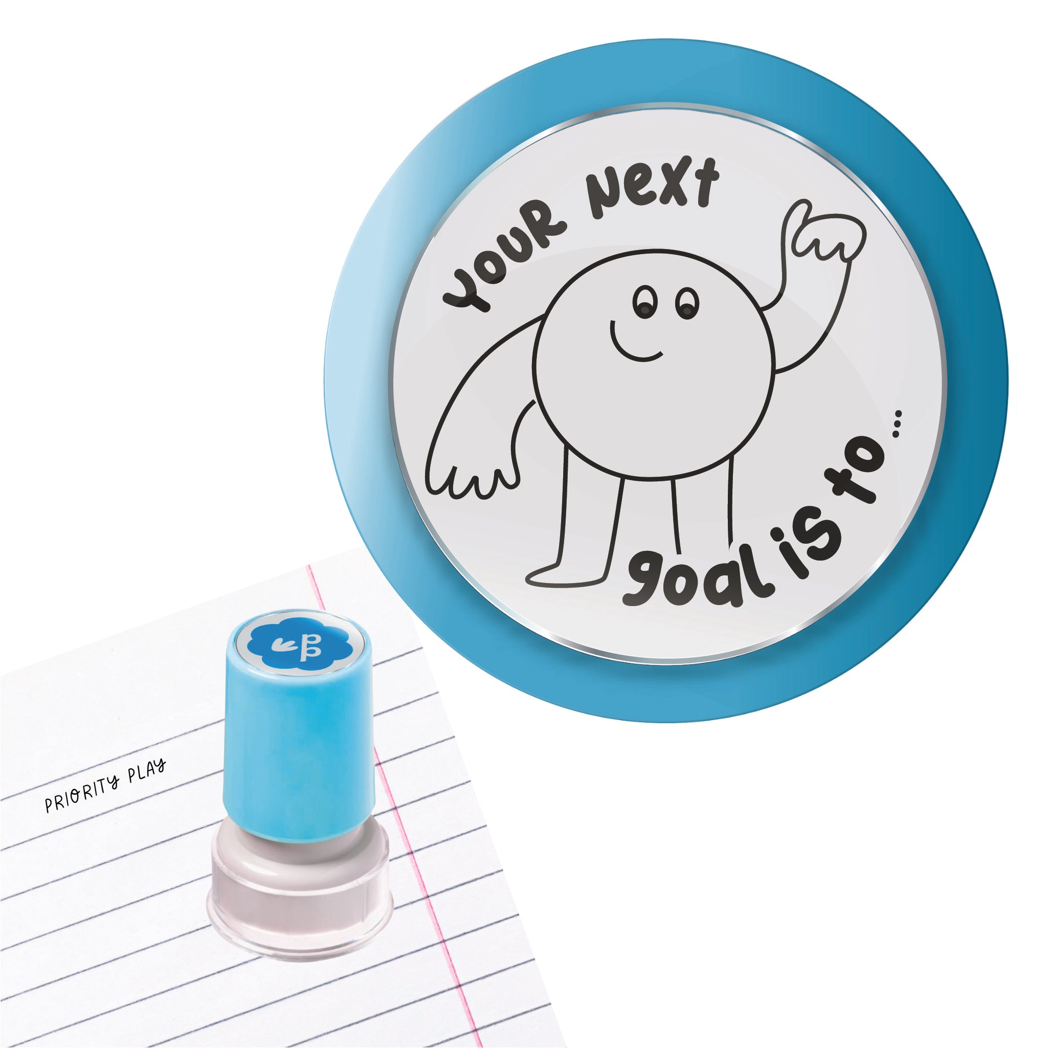 Goal-setting teacher stamp with friendly character and the words your next goal is to.
