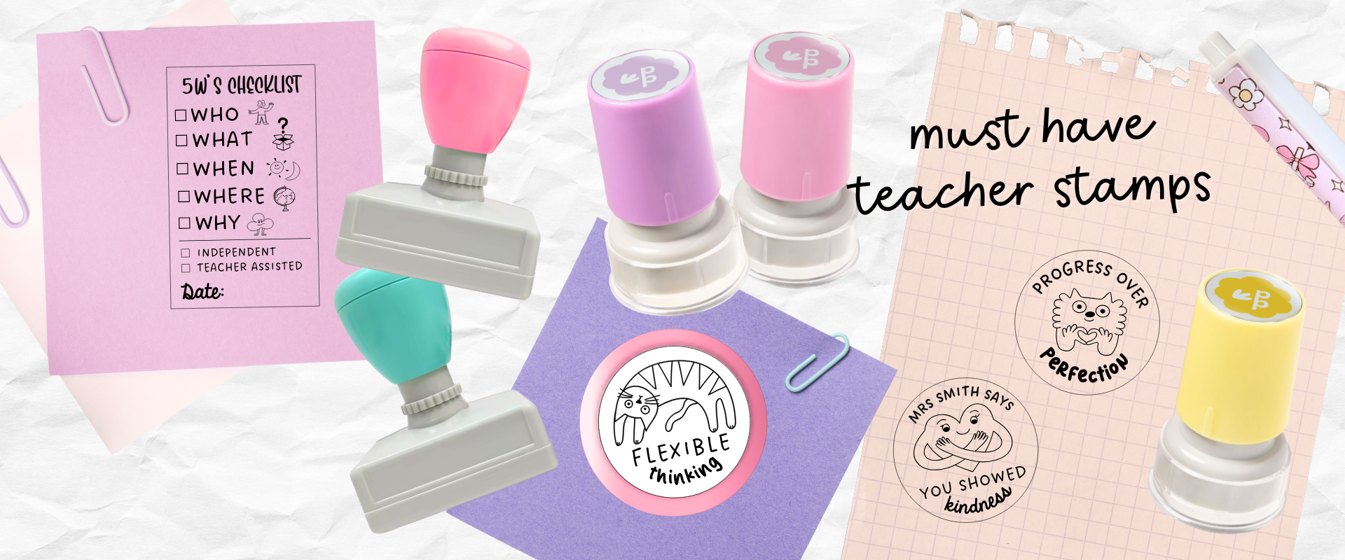 Set of colorful stamps with various designs on a white background