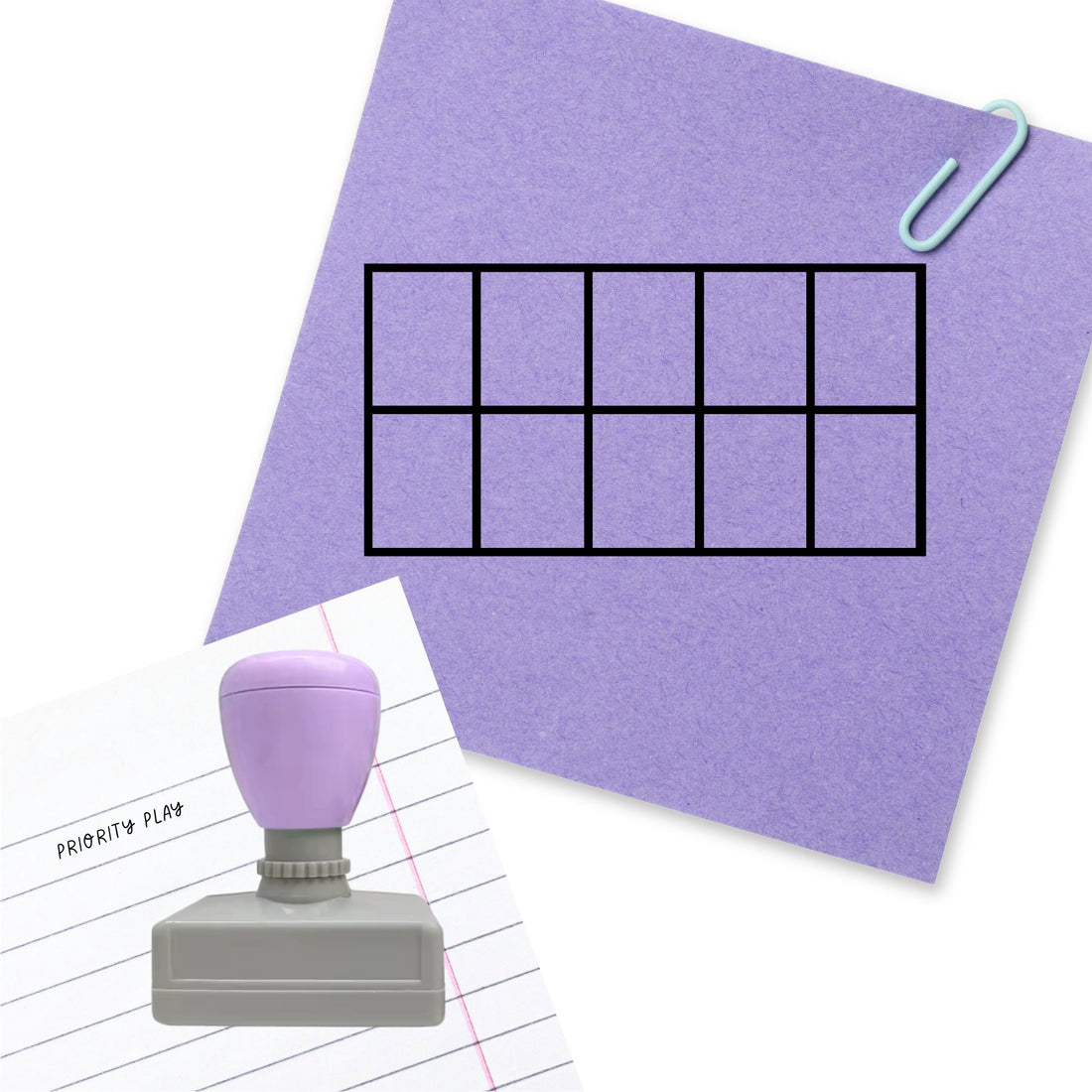 Rectangular stamp featuring a simple ten-frame grid with five cells in two rows for counting, number recognition and numeracy tasks.