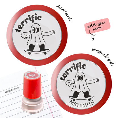 Terrific teacher stamp with a playful ghost-on-skateboard illustration and ‘terrific’ lettering — comes in standard and personalised versions