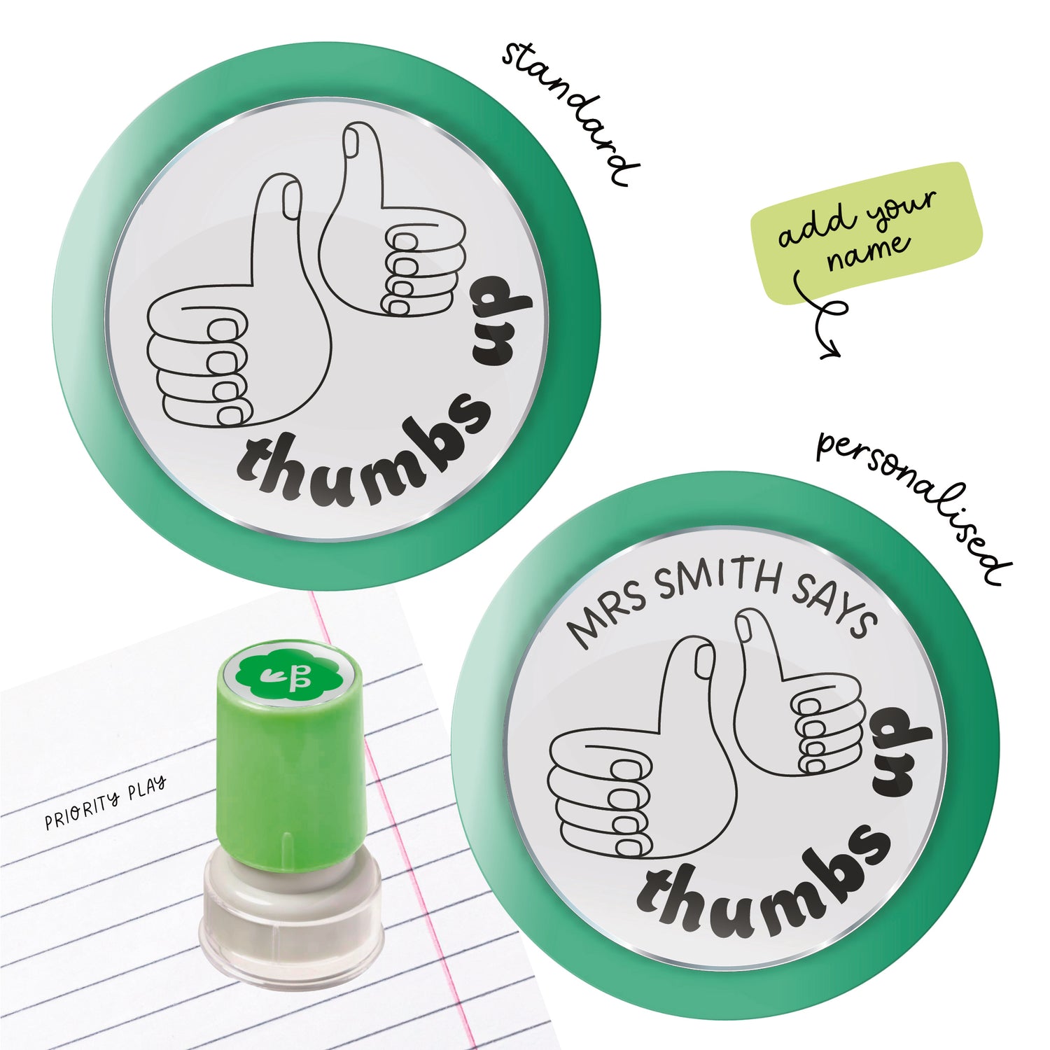 thumbs Up teacher stamp with two thumbs-up hand illustrations and ‘thumbs up’ lettering — standard and personalised options