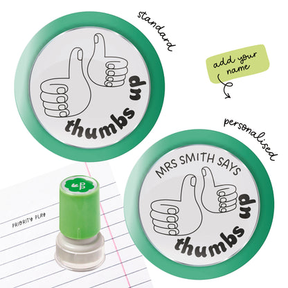 thumbs Up teacher stamp with two thumbs-up hand illustrations and ‘thumbs up’ lettering — standard and personalised options