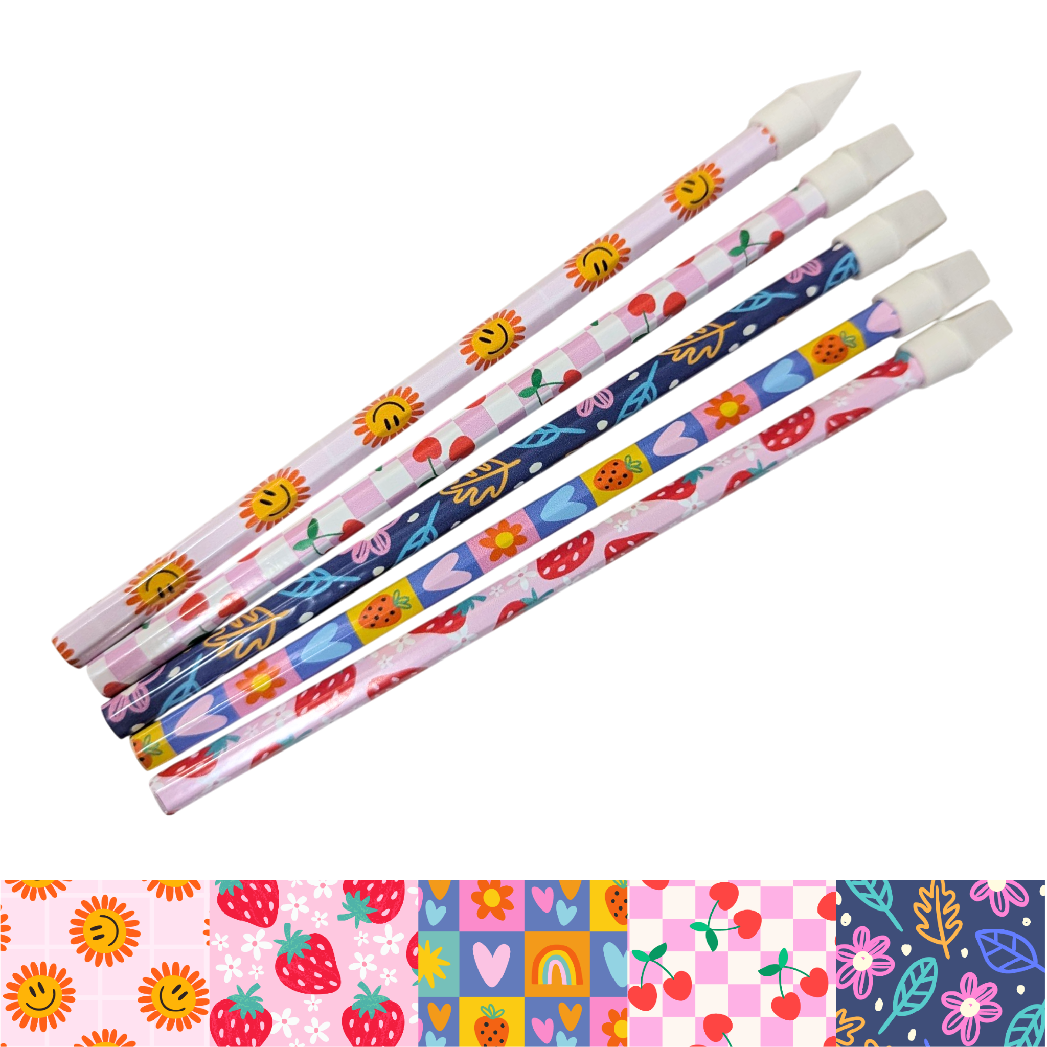 Cute fruit and heart-themed vinyl wrapped pencils featuring strawberries, sunflowers, cherries and rainbows – adorable school stationery.