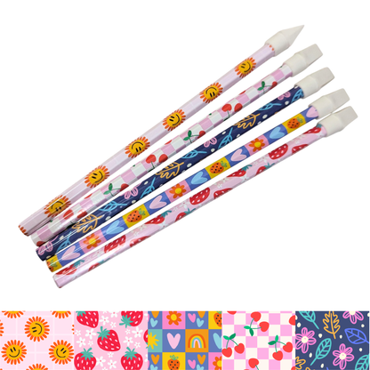 Cute fruit and heart-themed vinyl wrapped pencils featuring strawberries, sunflowers, cherries and rainbows – adorable school stationery.