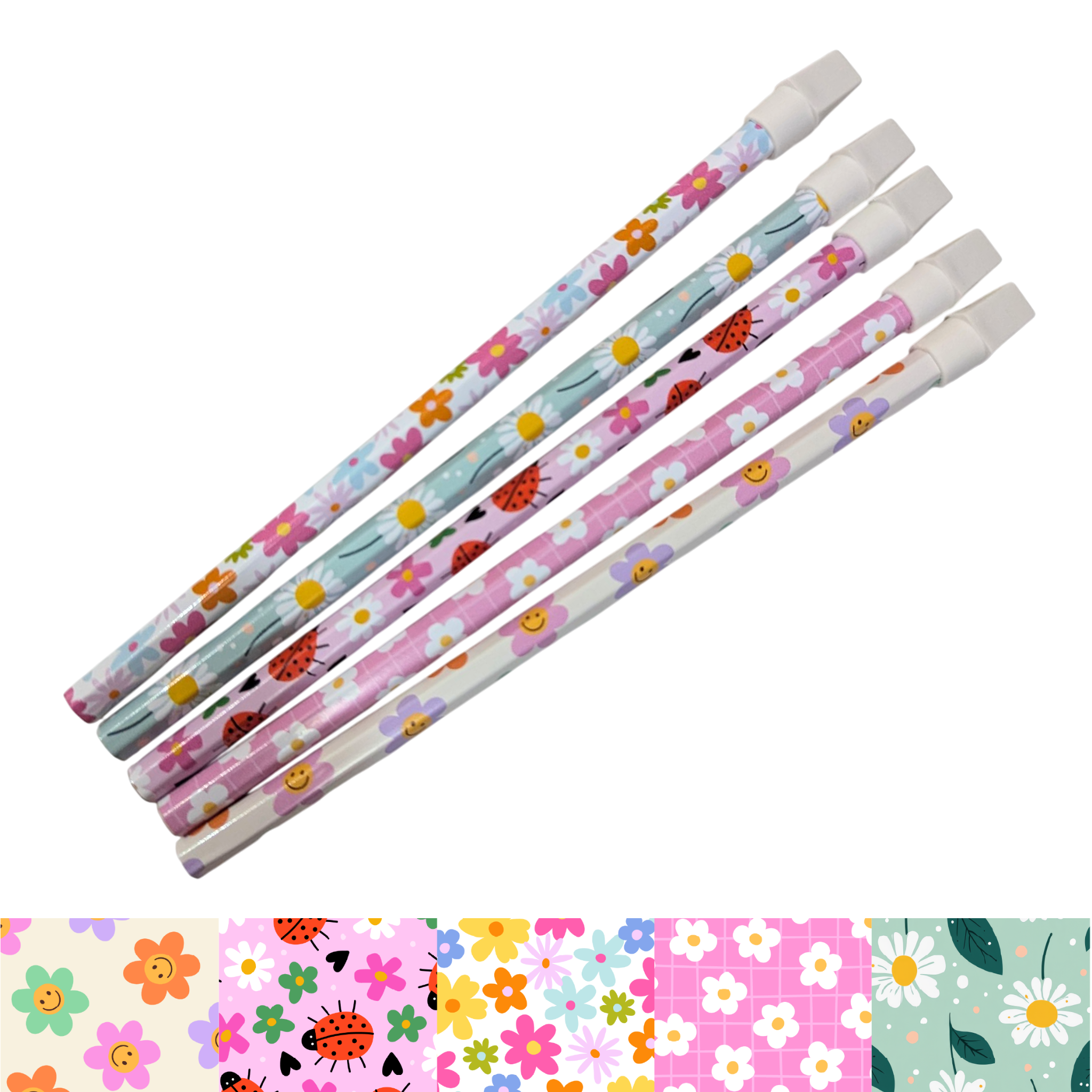 Floral vinyl wrapped pencil set with ladybirds, daisies, and pastel flowers – colourful pencils perfect for classroom rewards.