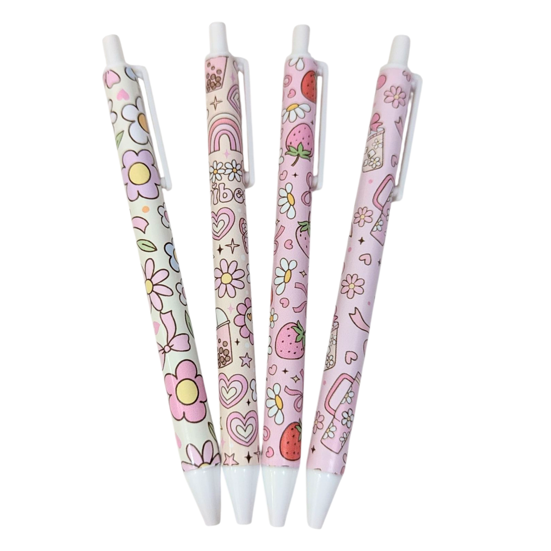 Pastel pen set with flower, rainbow, and strawberry vinyl designs, perfect for journaling and note-taking, by Priority Play.