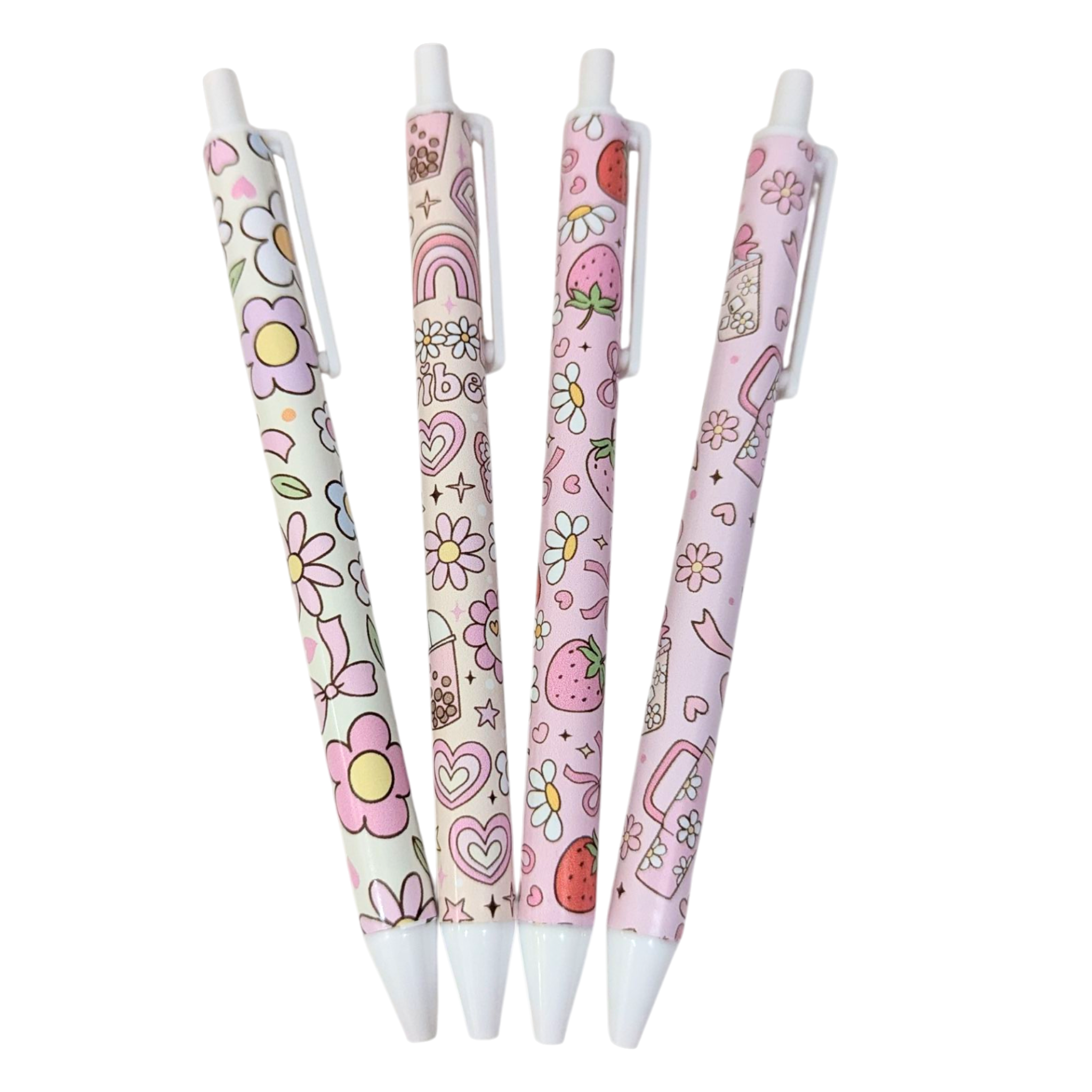 Pastel pen set with flower, rainbow, and strawberry vinyl designs, perfect for journaling and note-taking, by Priority Play.