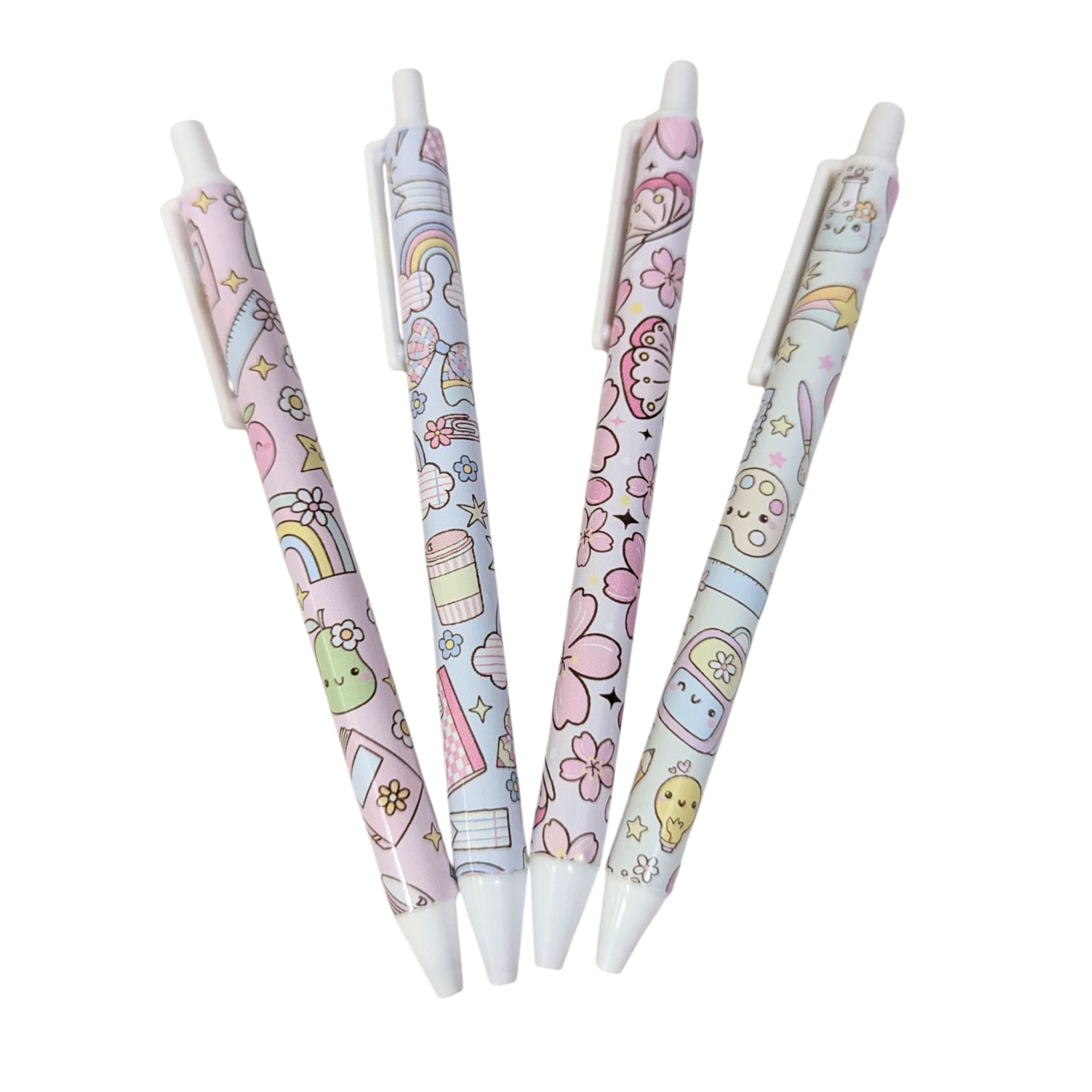 Set of four vinyl wrapped pastel pens with rainbow, butterfly, and cute,cartoon classroom items, aesthetic stationery by Priority Play.
