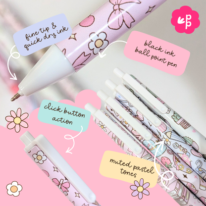 Close-up of pastel vinyl wrapped pens showing fine tip, quick-dry ink, and click button action, handmade cute stationery from Priority Play.