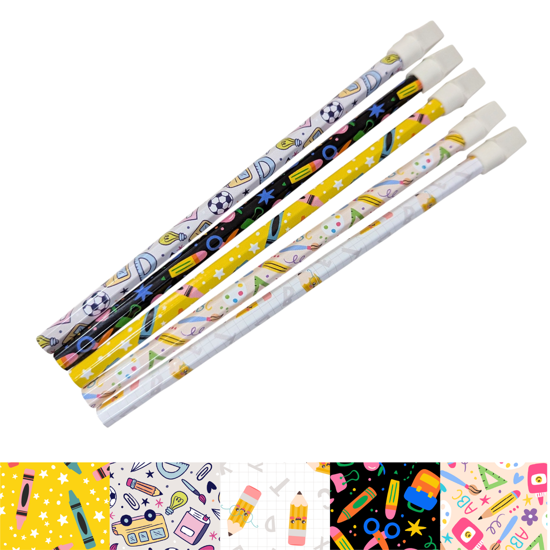 School supplies vinyl wrapped pencil set with stationery icons, pencils, and school doodles – handwrapped fun student stationery.