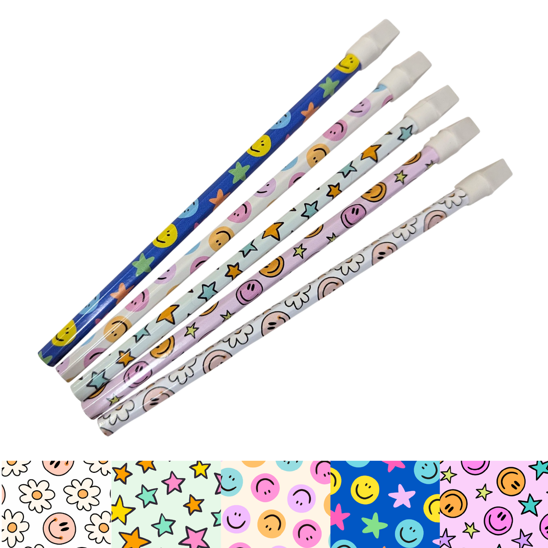 Smiley face and star-themed vinyl wrapped pencils in bright colours – fun motivational stationery for students and teachers.