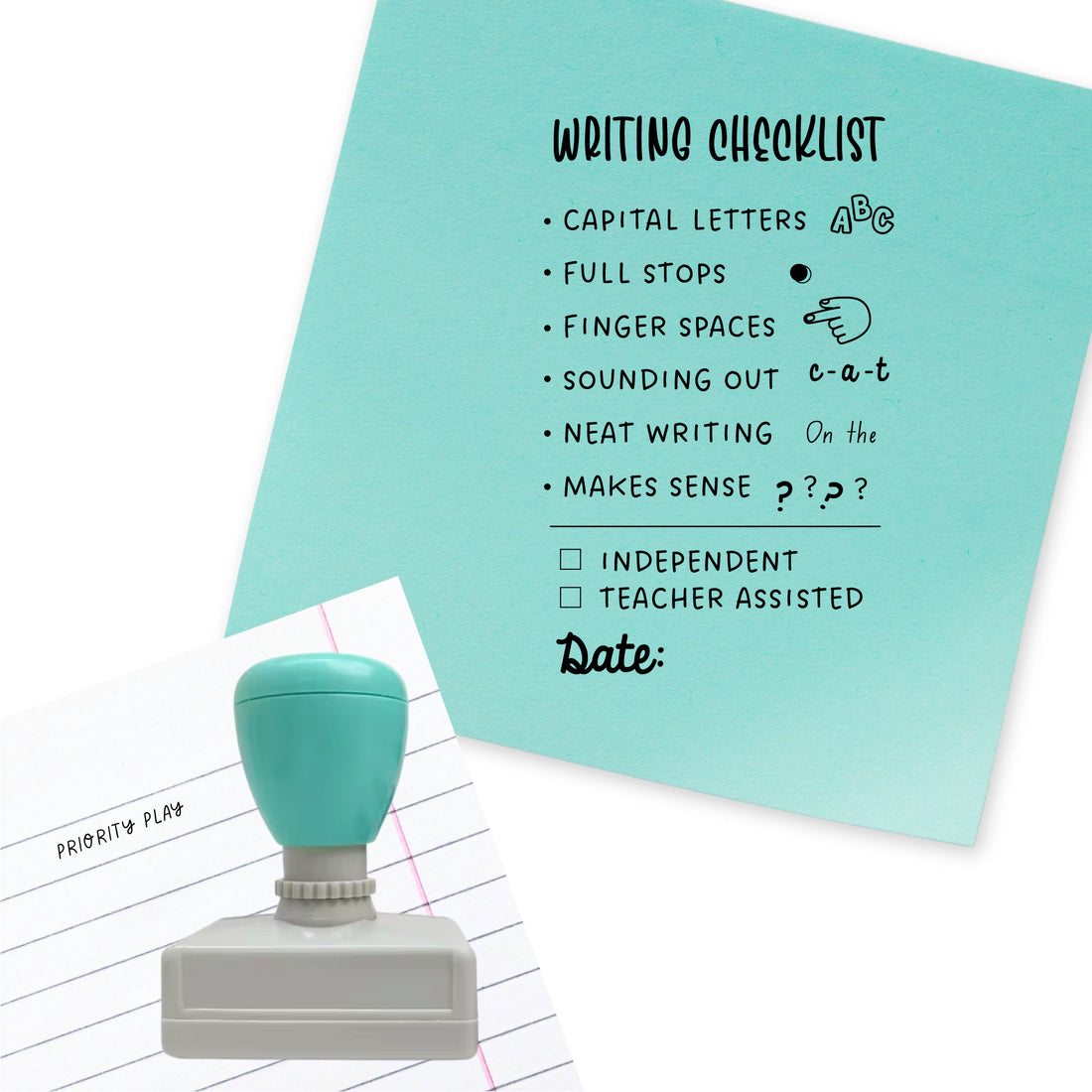 A detailed rectangular writing checklist stamp listing capital letters, full stops, finger spaces, sounding out, neat writing, and sense-making, plus boxes for independent or assisted and date.