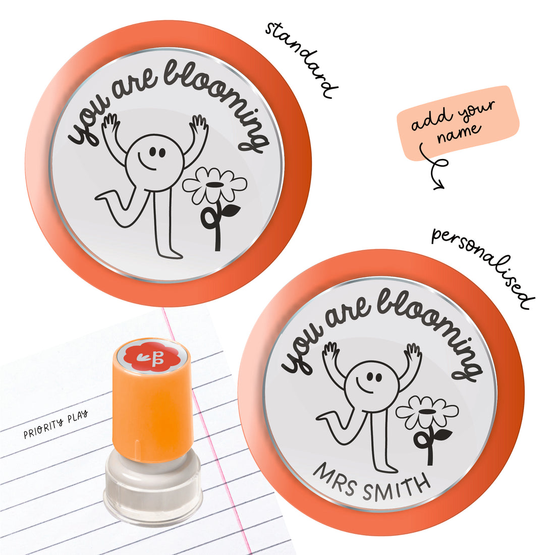 You Are Blooming teacher stamp with a joyful stick-figure and flower graphic, available in standard and personalised versions.