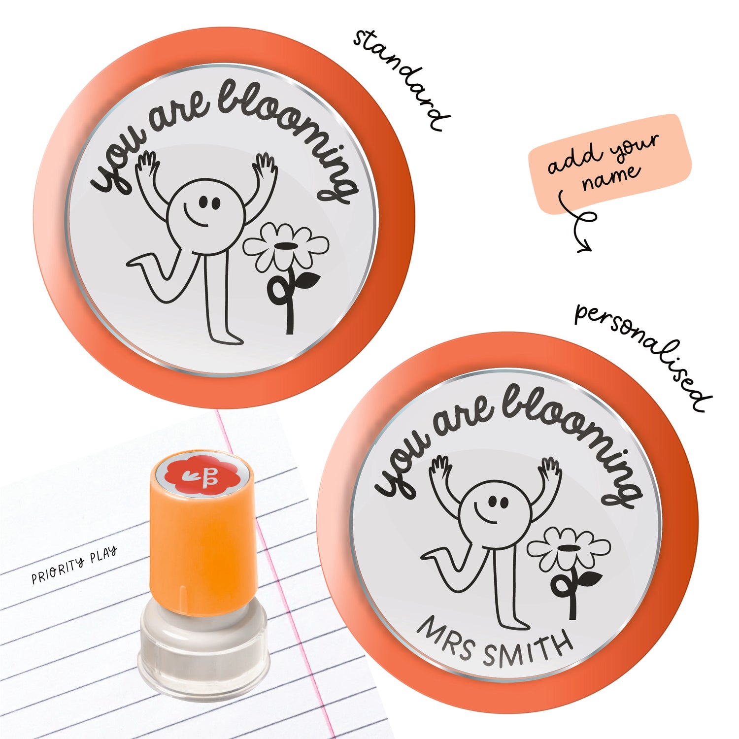 You Are Blooming teacher stamp with a joyful stick-figure and flower graphic, available in standard and personalised versions.