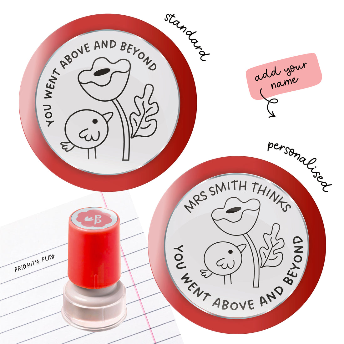 A personalised teacher stamp showing a bird and flower with space for a teacher’s name.
